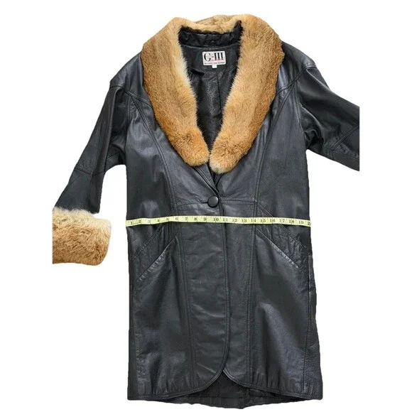 Vintage Black Leather Coat Real Fur Collar Cuffs Womens Made in Korea Sz L